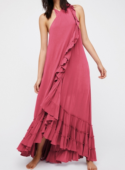 Summer Beach Solid Halter Off The Shoulder Ruffle Hem Slit Maxi Dress LZDINTECOMMERCE.com