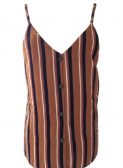 Summer Sexy Striped Spaghetti Strap V Neck Backless Front Buttons Tank