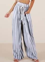 Casual Striped High Waist Straight Wide Leg Drawstring Loose Pants