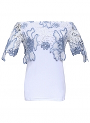 Sexy Off The Shoulder Slim Lace Spliced Short Sleeve Hollow Out Blouse