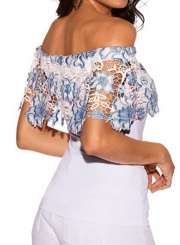 Sexy Off The Shoulder Slim Lace Spliced Short Sleeve Hollow Out Blouse