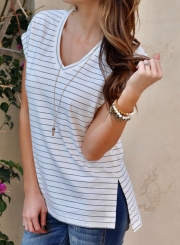 Summer Casual Striped Short Sleeve Round Neck Slit Loose Tee