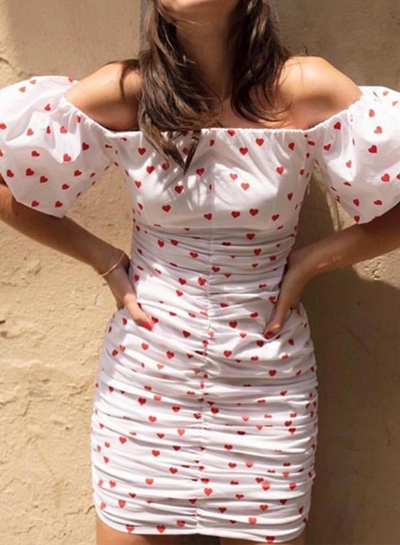 Summer Smocking Heart Printed Off The Shoulder Puff Sleeve Bodycon Dress