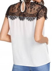 Summer Fashion Lace Spliced Short Sleeve Mock Neck Loose Pullover Blouse