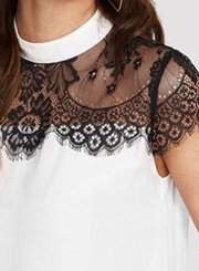 Summer Fashion Lace Spliced Short Sleeve Mock Neck Loose Pullover Blouse