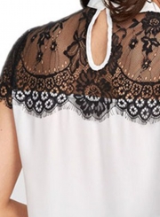 Summer Fashion Lace Spliced Short Sleeve Mock Neck Loose Pullover Blouse