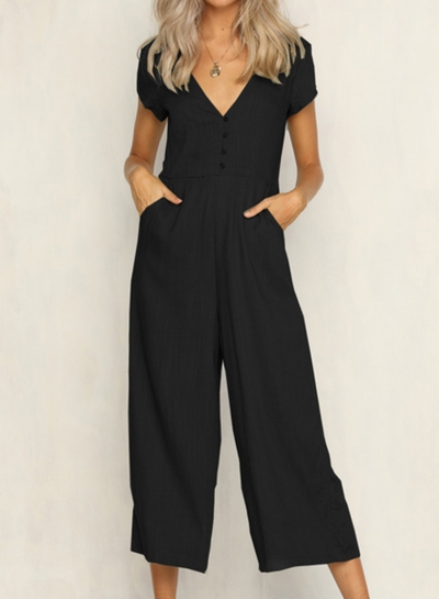 Casual Short Sleeve V Neck Front Buttons Wide Leg Jumpsuit With Pockets LEXELFASHIONINTSHOPS.com