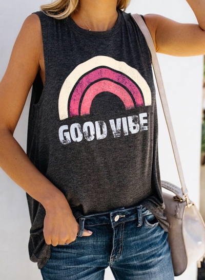 Summer Casual Rainbow Letters Print Sleeveless Round Neck Women Tee YOUYOUFASHIONEC.com