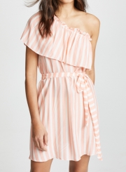 Summer Sexy Striped One Shoulder Ruffle Trim Waist Tie Midi Dress