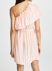 Summer Sexy Striped One Shoulder Ruffle Trim Waist Tie Midi Dress