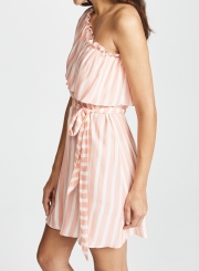 Summer Sexy Striped One Shoulder Ruffle Trim Waist Tie Midi Dress