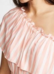 Summer Sexy Striped One Shoulder Ruffle Trim Waist Tie Midi Dress