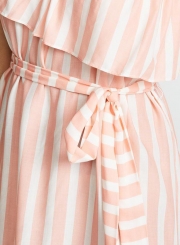 Summer Sexy Striped One Shoulder Ruffle Trim Waist Tie Midi Dress