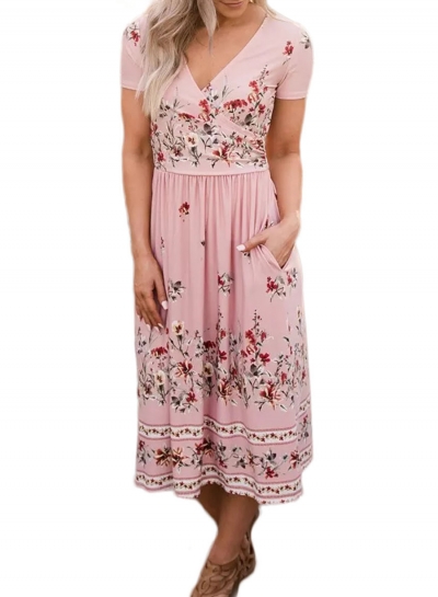 Casual Floral Printed V Neck Short Sleeve Pockets Maxi Dress LEXELFASHIONINTSHOPS.com