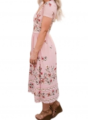 Casual Floral Printed V Neck Short Sleeve Pockets Maxi Dress