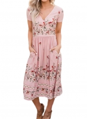 Casual Floral Printed V Neck Short Sleeve Pockets Maxi Dress