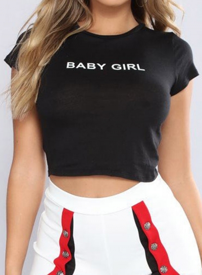 Summer Sexy Letters Printed Short Sleeve Round Neck Silm Crop Top