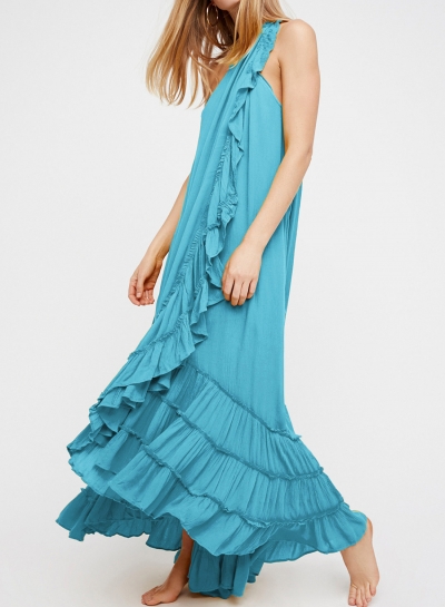 Summer Beach Solid Halter Off The Shoulder Ruffle Hem Slit Maxi Dress LZDINTECOMMERCE.com