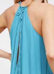 Summer Beach Solid Halter Off The Shoulder Ruffle Hem Slit Maxi Dress