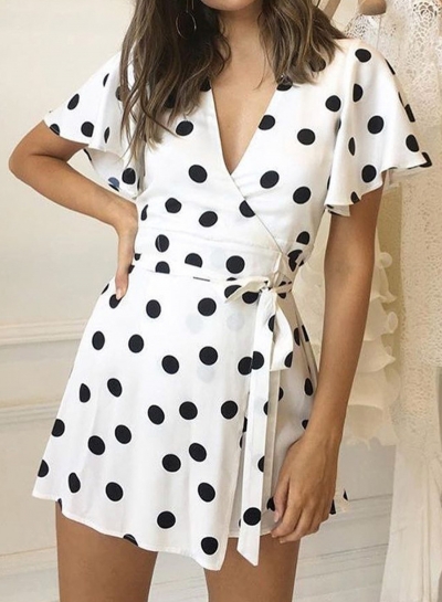 Summer Fashion Short Sleeve V Neck Polka Dots Waist Lace-up Dress STYLESIMO.com
