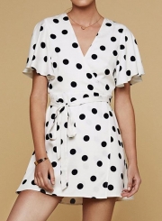 Summer Fashion Short Sleeve V Neck Polka Dots Waist Lace-up Dress