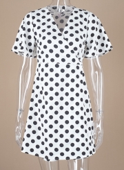 Summer Fashion Short Sleeve V Neck Polka Dots Waist Lace-up Dress