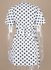 Summer Fashion Short Sleeve V Neck Polka Dots Waist Lace-up Dress