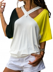 Double Blue Raglan Sleeves Open Shoulder Shirt