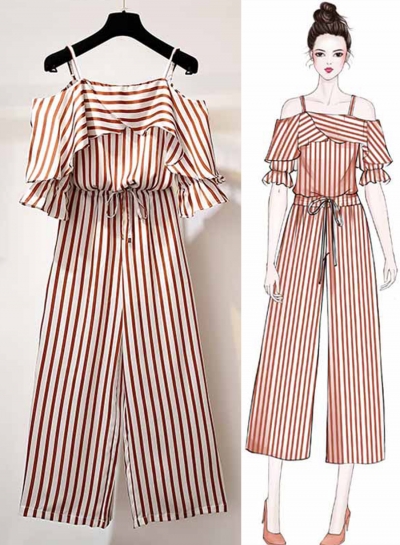 2 Piece Striped Off The Shoulder Top Waist Tie Wide Leg Pants YOUYOUFASHIONEC.com