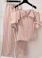 2 Piece Striped Off The Shoulder Top Waist Tie Wide Leg Pants