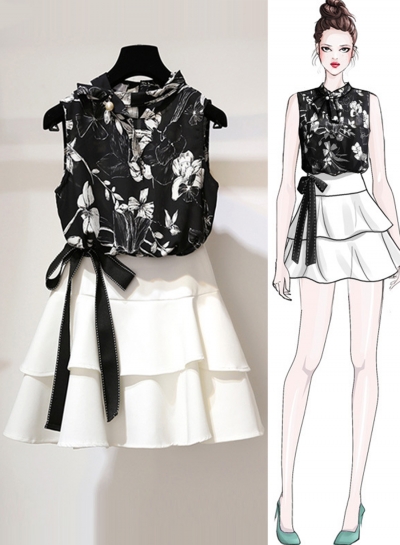 Summer 2 Piece Floral Printed Sleeveless Lace-Up Top Layered Skirt YOUYOUFASHIONEC.com