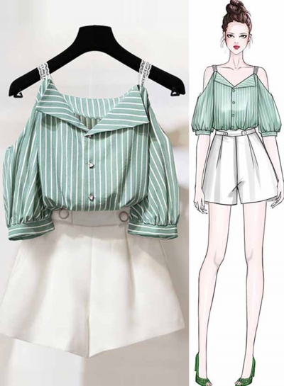 2 Piece Striped Off Shoulder Lantern Sleeve Buttons Top Wide Leg Shorts YOUYOUFASHIONEC.com