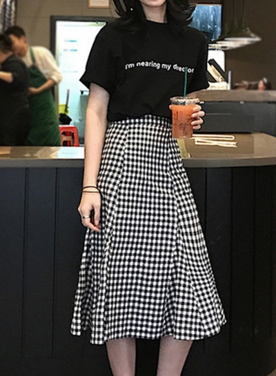 Casual 2 Piece Letters Printed Tee Elastic Waist Plaid Fishtail Skirt