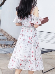 Summer Floral Printed Off The Shoulder V Neck High Waist A-line Dress