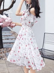 Summer Floral Printed Off The Shoulder V Neck High Waist A-line Dress