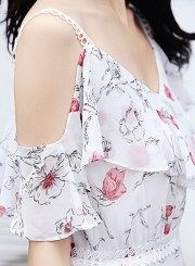 Summer Floral Printed Off The Shoulder V Neck High Waist A-line Dress