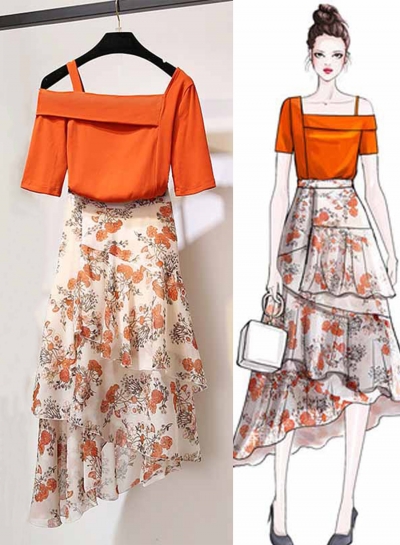 Fashion 2 Piece Solid One Shoulder Top Floral Printed Irregular Skirt