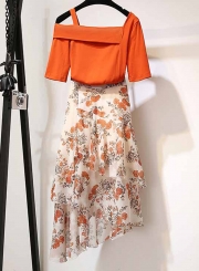 Fashion 2 Piece Solid One Shoulder Top Floral Printed Irregular Skirt