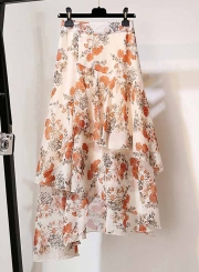 Fashion 2 Piece Solid One Shoulder Top Floral Printed Irregular Skirt