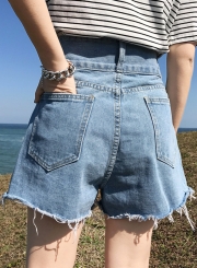 Summer Casual Retro Wash High Waist Burrs Straight Wide Leg Pocket Shorts