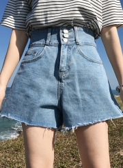 Summer Casual Retro Wash High Waist Burrs Straight Wide Leg Pocket Shorts