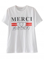 Summer Casual Heart Printed Short Sleeve Round Neck Tee With Letters