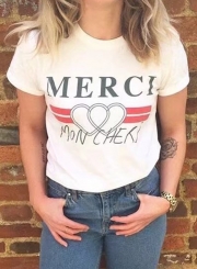 Summer Casual Heart Printed Short Sleeve Round Neck Tee With Letters