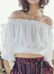 Summer Sexy Off The Shoulder 3/4 Sleeve Solid Loose Hollow Out Crop Top