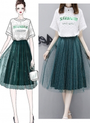 Fashion 2 Piece Lace Letters Printed Tee Elastic Waist A-line Mesh Skirt