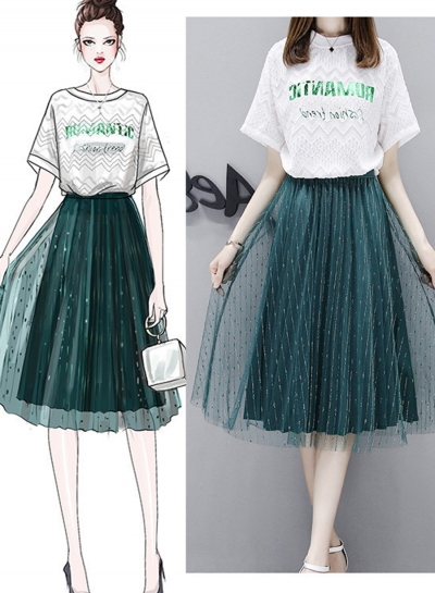 Fashion 2 Piece Lace Letters Printed Tee Elastic Waist A-line Mesh Skirt LEXELFASHIONINTSHOPS.com