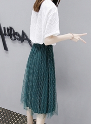 Fashion 2 Piece Lace Letters Printed Tee Elastic Waist A-line Mesh Skirt