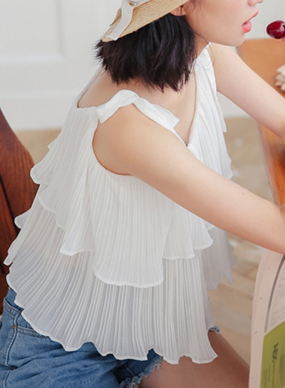 Summer Casual Loose Strappy Round Neck Ruffle Sweet Tank