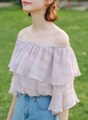 Summer Sexy Off The Shoulder Flare Sleeve Ruffle Trim Plaid Blouse