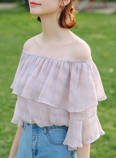 Summer Sexy Off The Shoulder Flare Sleeve Ruffle Trim Plaid Blouse LEXELFASHIONINTSHOPS.com